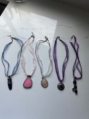 Set of 5 Sterling Silver 925 Gemstone Pendant Necklaces on Ribbon Chokers